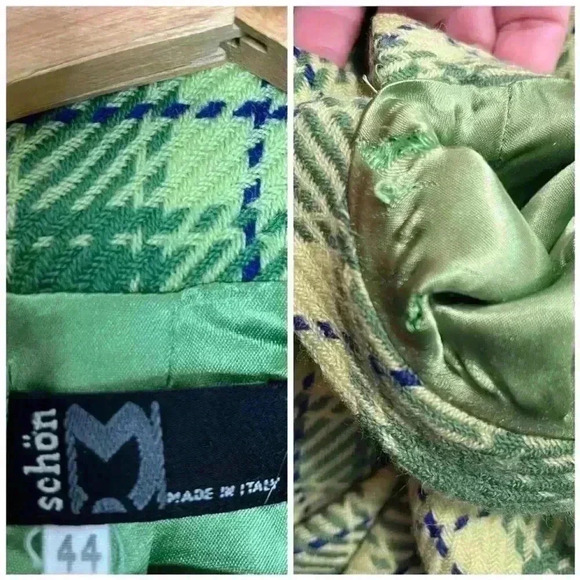 Vintage Mila Schön Wool Coat Green Plaid Italian Tailored Jacket Size 44 US 6 - Picture 4 of 5